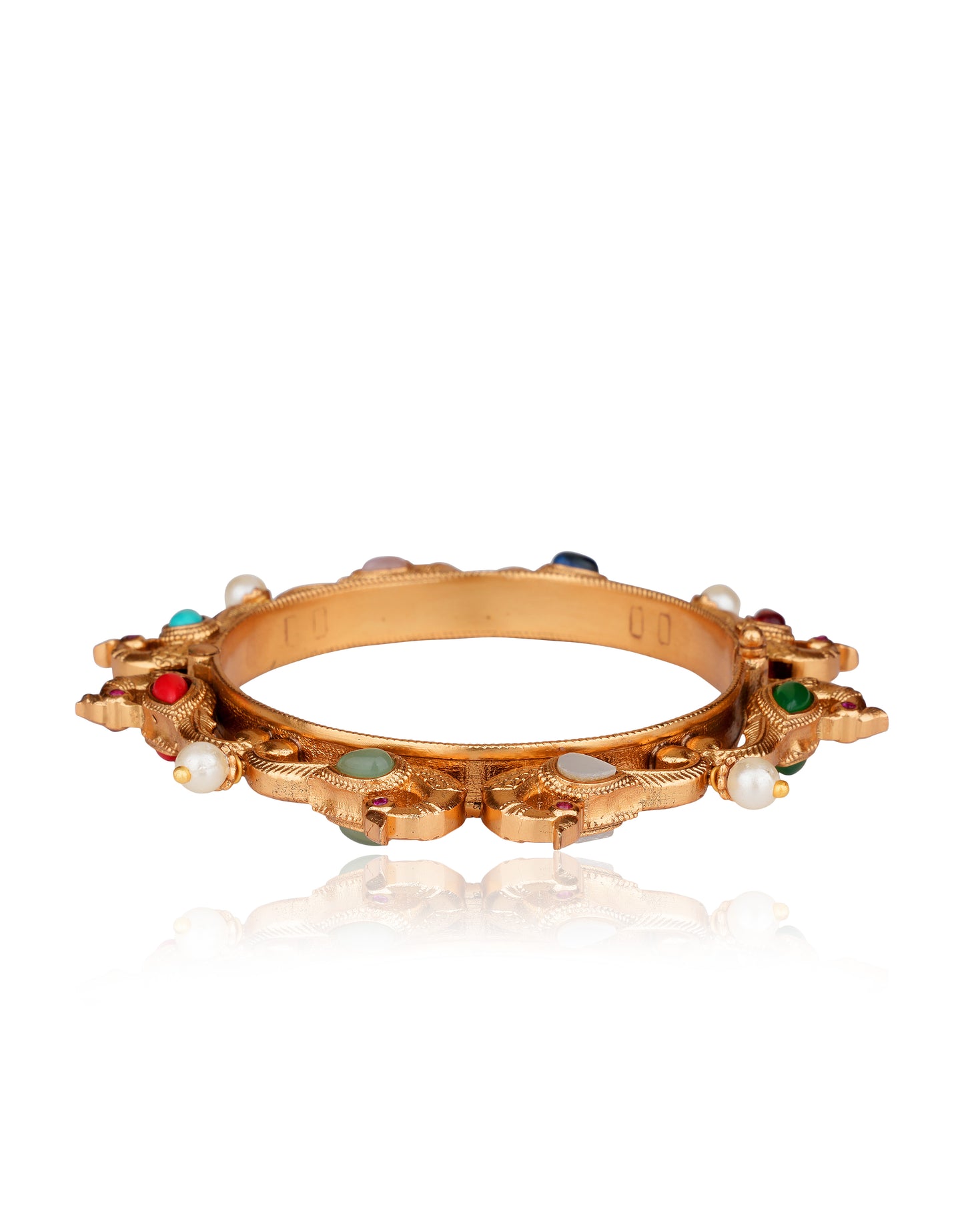 Hand-carved Navratna Peacock Kada & Multi-Stone Bangle Set — Heritage Hand Jewellery (Set of 2)