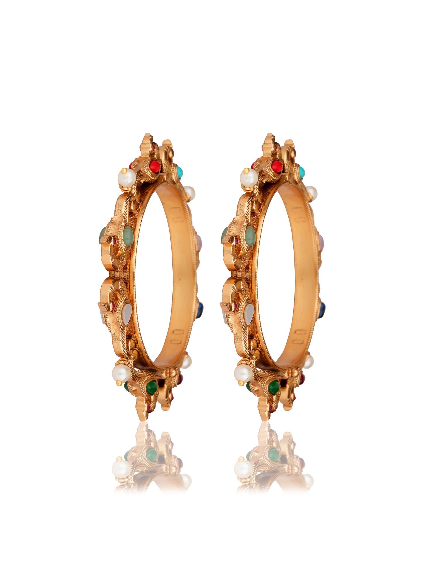 Hand-carved Navratna Peacock Kada & Multi-Stone Bangle Set — Heritage Hand Jewellery (Set of 2)