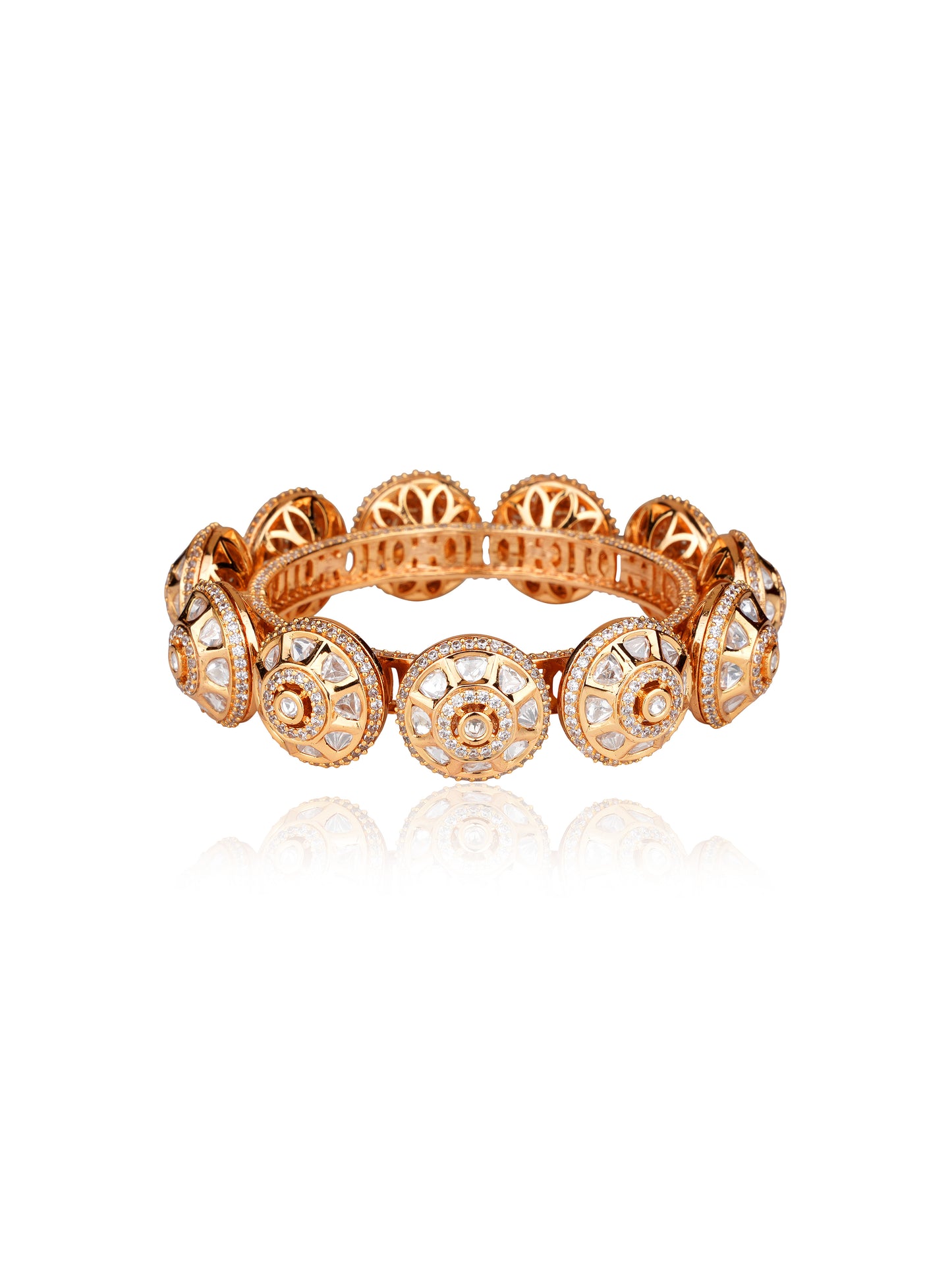 Geometric Lotus Chakra Moissanite Polki Bangle in 22 Karat Gold Plating — Statement Jewellery