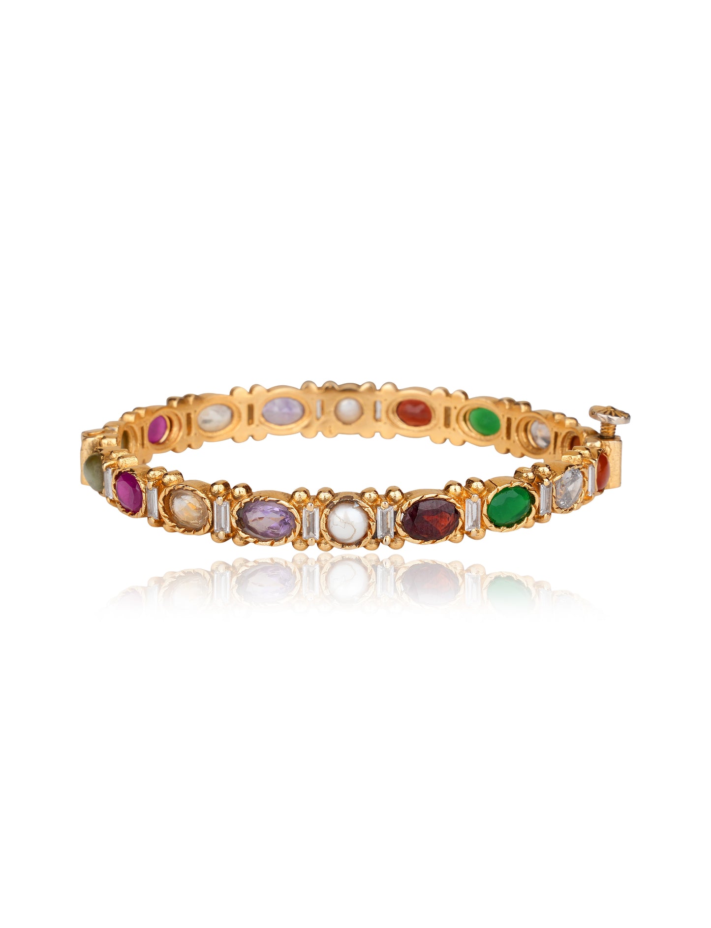 Navratan Oval Stone Bangle Set with Baguette American Diamonds in 22 Karat Gold Finish (Set of 2) — Contemporary Chic