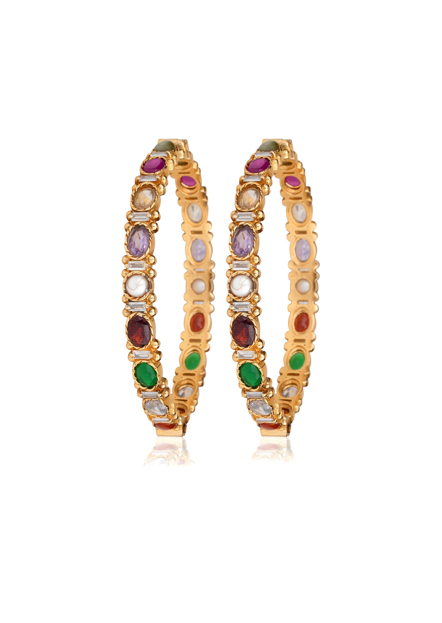 Navratan Oval Stone Bangle Set with Baguette American Diamonds in 22 Karat Gold Finish (Set of 2) — Contemporary Chic