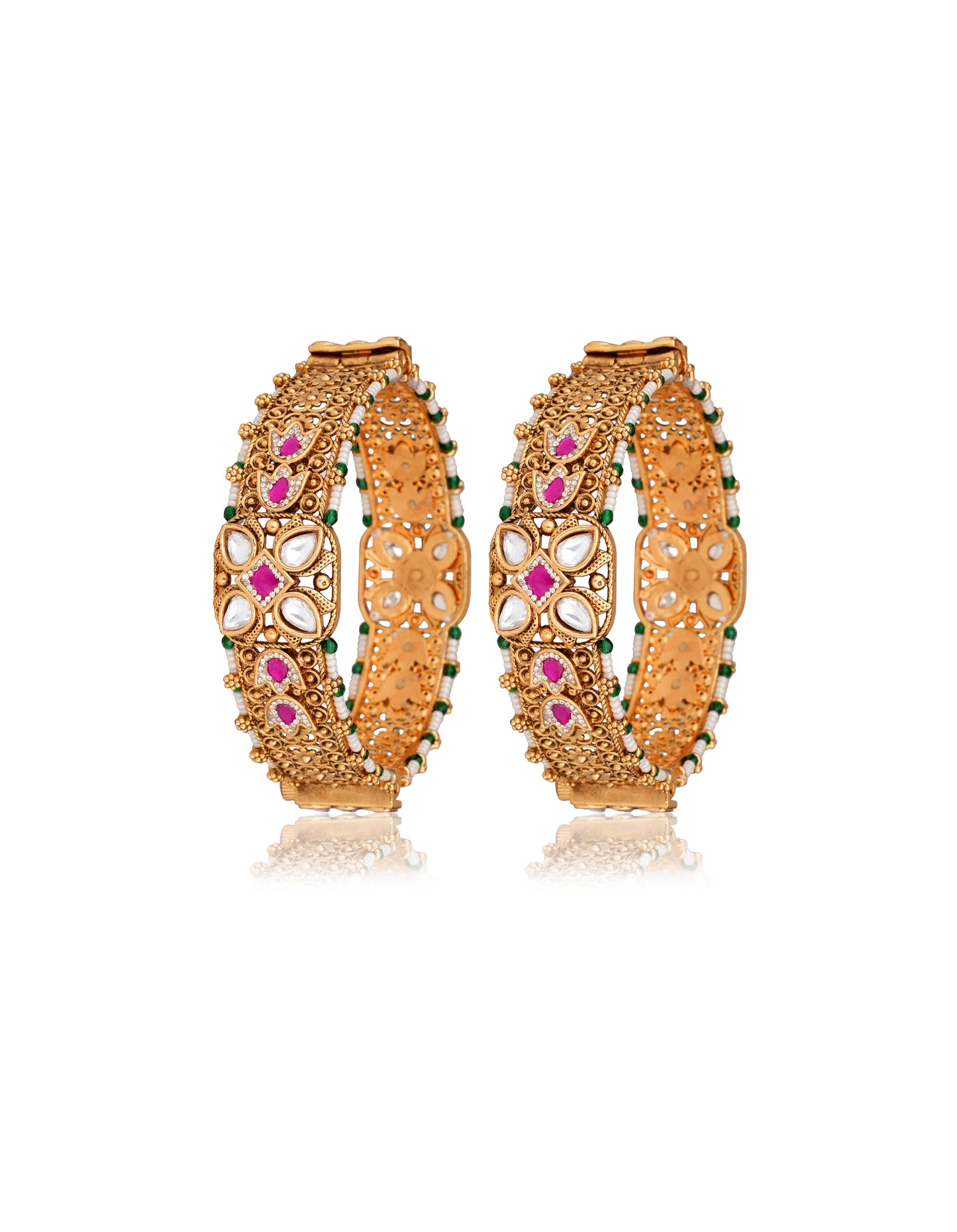 Gold-Plated Moissanite Polki & Ruby Bracelet with Seed Pearl Detail Kangan (Set of 2) — Bridal