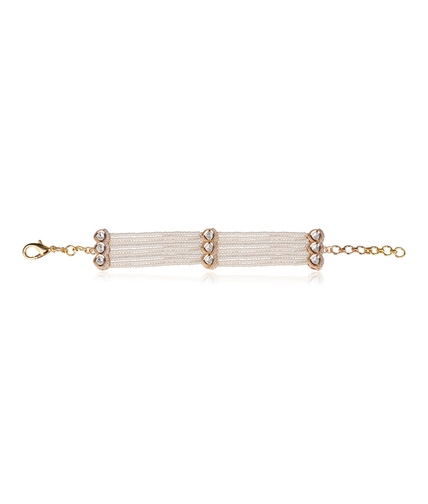 Multi-Strand Pearl Bracelet with Moissanite Polki Kundan Clasp — Contemporary Chic