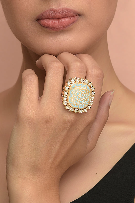 Imperial Turquoise Meenakari Ring – Sculptural Enamel & Polki Halo Cocktail Statement