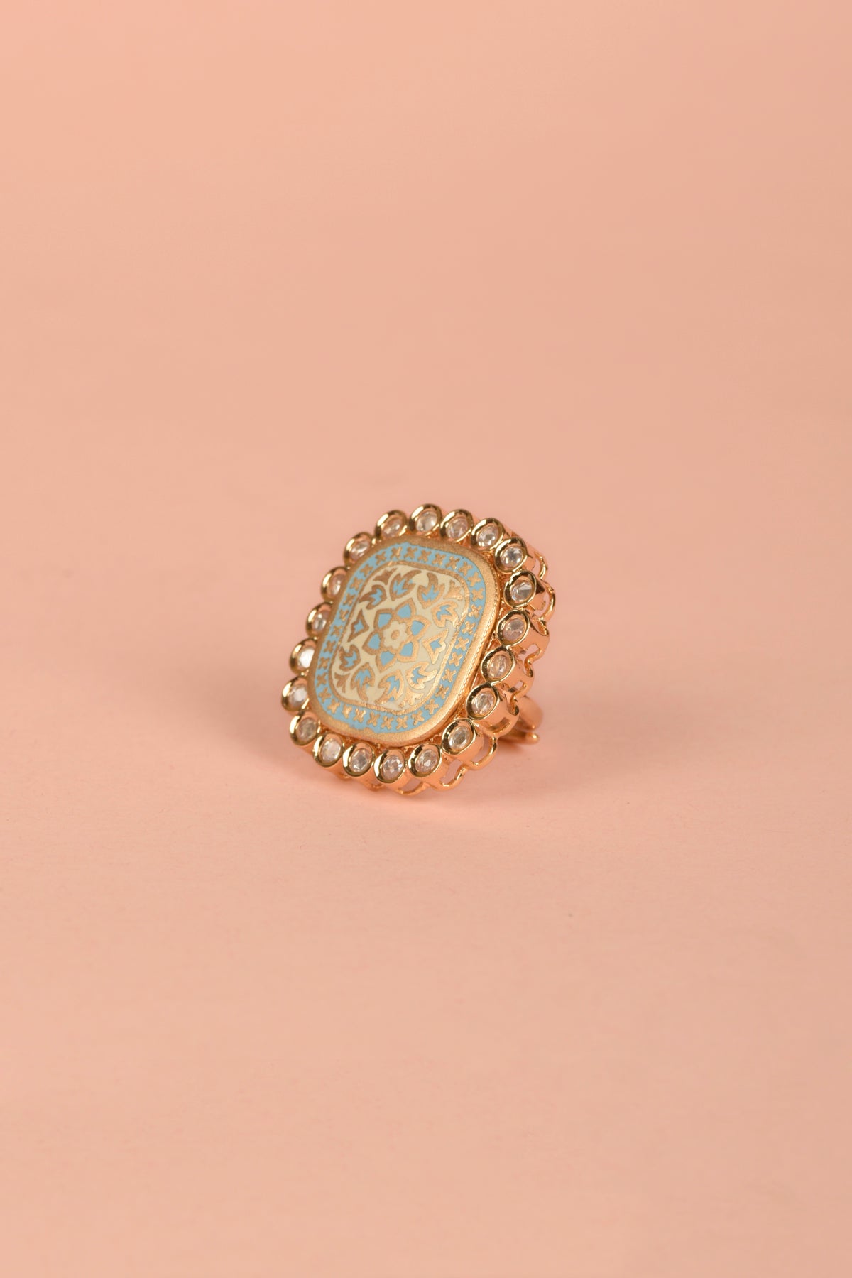 Imperial Turquoise Meenakari Ring – Sculptural Enamel & Polki Halo Cocktail Statement