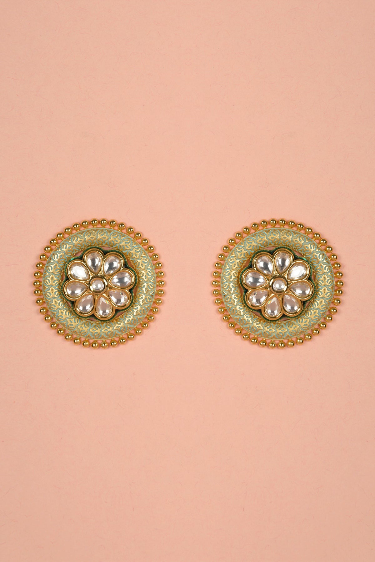 Svarn-Giri Neel-Ambu Mandala | 22kt High-Polish Gold, Sea-Foam Enamel & Polki Statement Stud Earrings