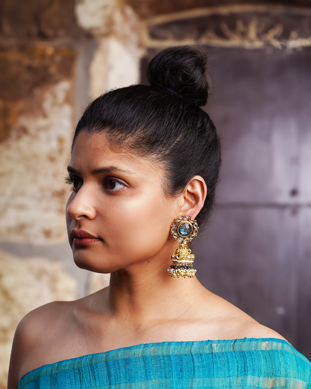 Aura Mystique Jhumkas – Sculptural Labradorescence & Burnished Gold Monumental Drops