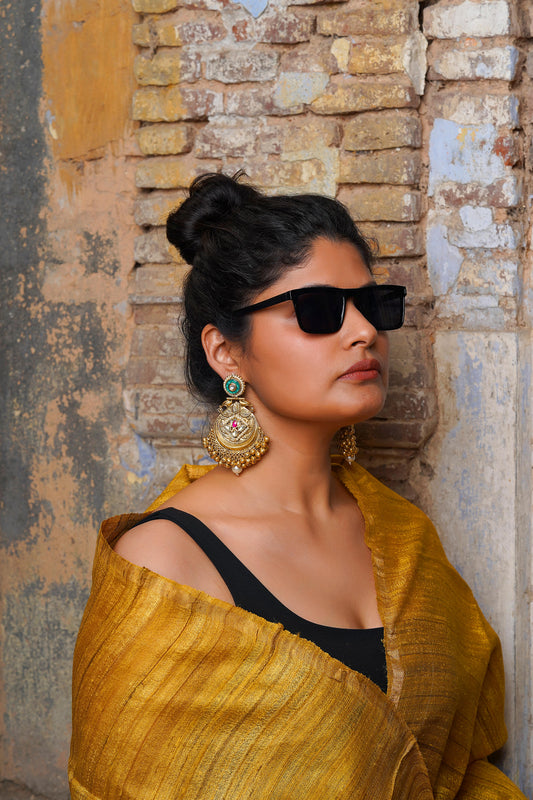 Ancestral Shield Drops – Emerald & Ruby Antique Gold Ghungroo Statement Earrings