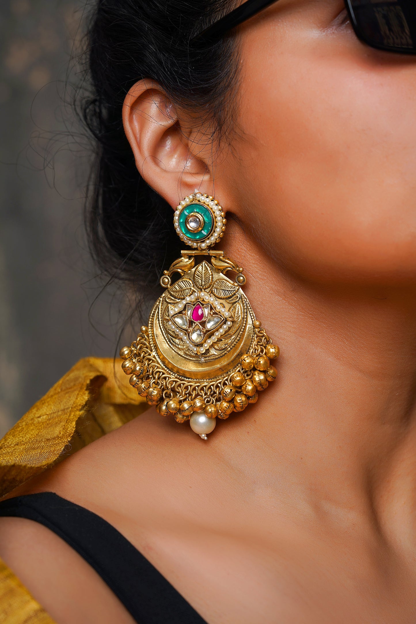 Ancestral Shield Drops – Emerald & Ruby Antique Gold Ghungroo Statement Earrings