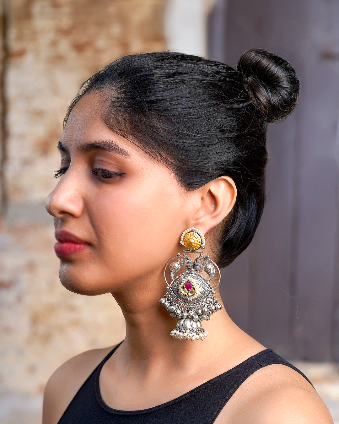Imperial Mayura Two-Tone Jhumkas – Ruby & Antiqued Silver-Gold Statement Drops