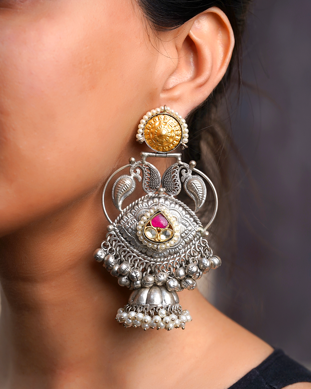 Imperial Mayura Two-Tone Jhumkas – Ruby & Antiqued Silver-Gold Statement Drops