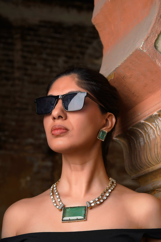 Emerald Monolith Set – Sculptural Emerald & Dual-Strand Polki Monumental Necklace