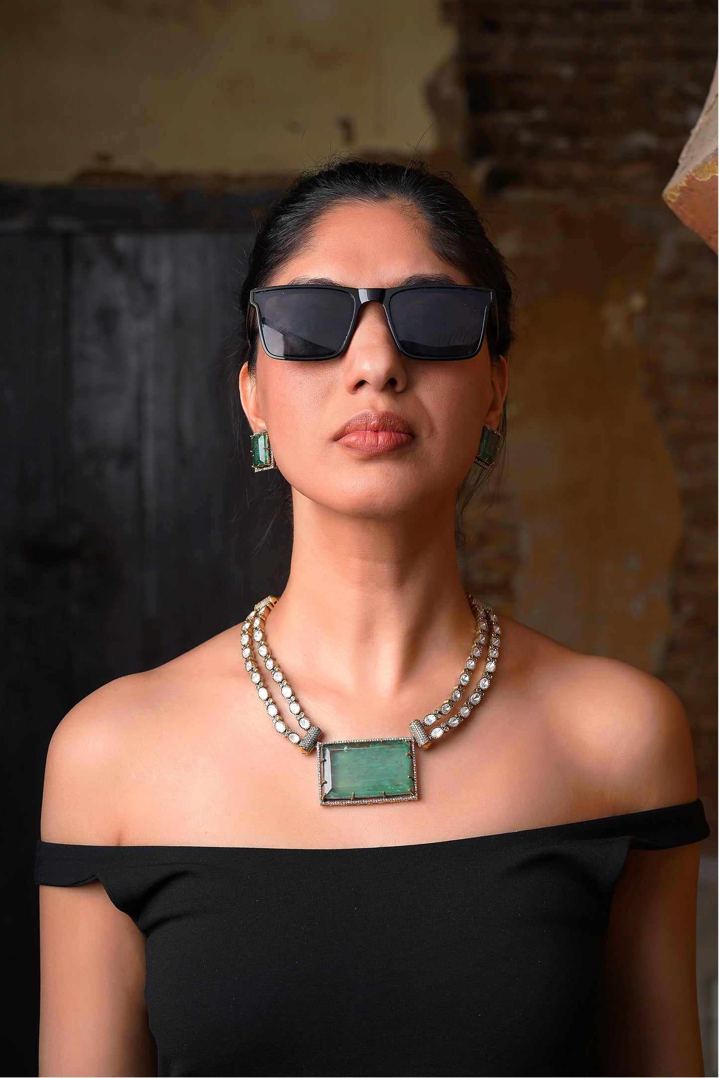 Emerald Monolith Set – Sculptural Emerald & Dual-Strand Polki Monumental Necklace
