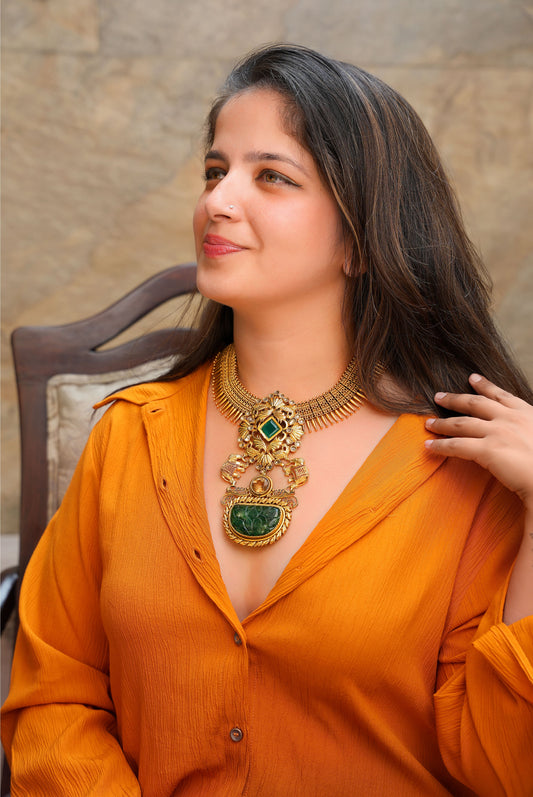 Imperial Gaja Mulla Mottu Hasli – Master-Carved Lotus & Spiked Antique Gold Statement Collar