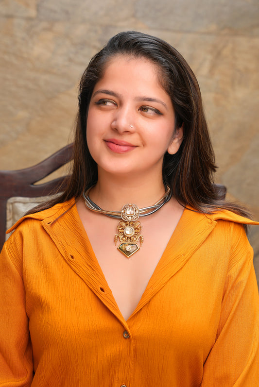 Aura Mayura Tri-Tone Hasli Set — Handcrafted Labradorite & Peacock Polki Kundan Heritage Jewelry