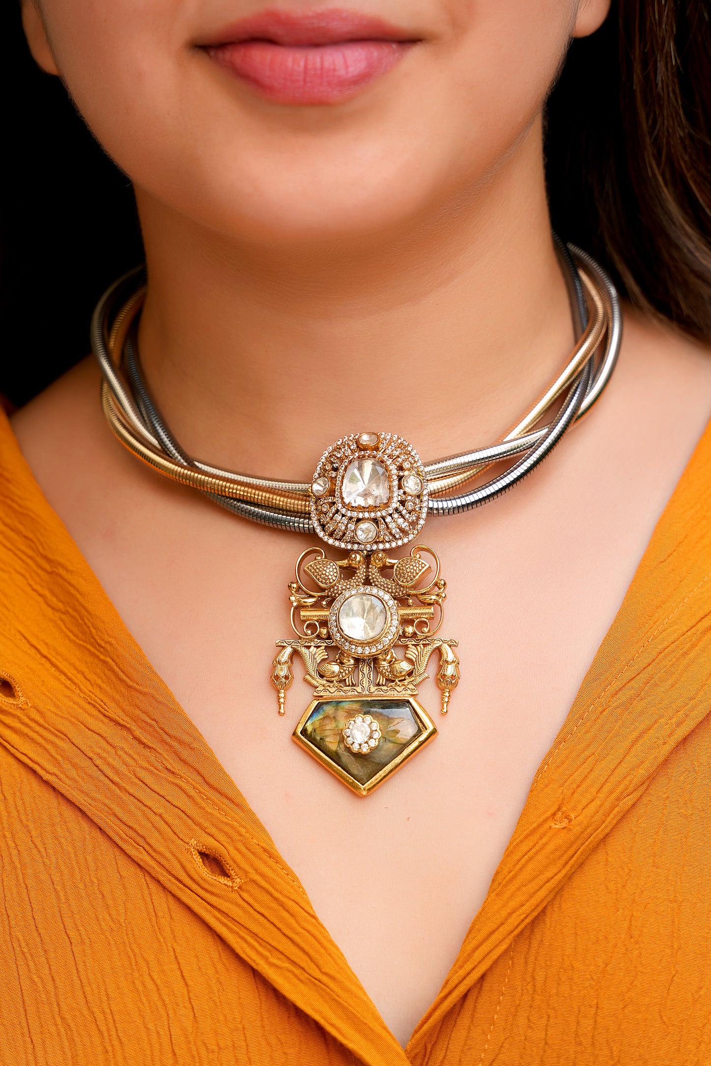 Aura Mayura Tri-Tone Hasli Set — Handcrafted Labradorite & Peacock Polki Kundan Heritage Jewelry