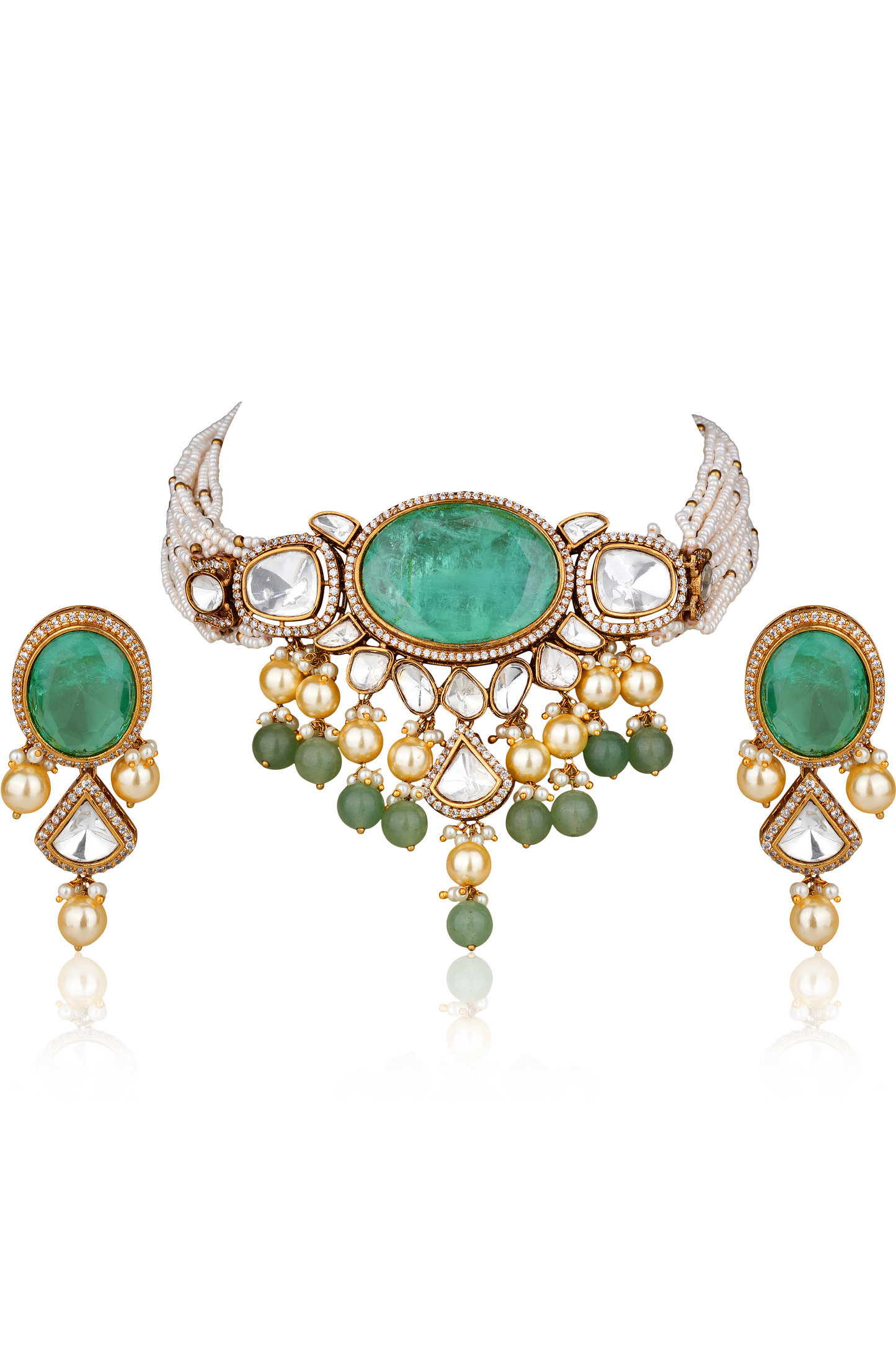22K Gold-Finish Emerald-Green Agate Cabochon, Moissanite Polki  & Seed Pearl Choker with Polki  Earring (Set of 2)