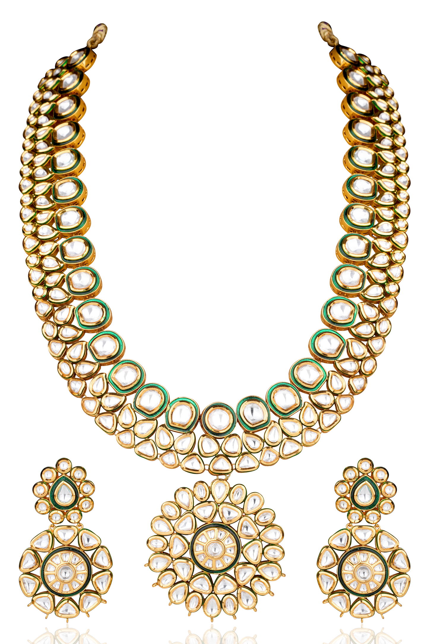 Gold-Finish Moissanite Polki Floral Pendant Necklace & Earring Set with Green Meenakari — Rajasthani and Statement Wear