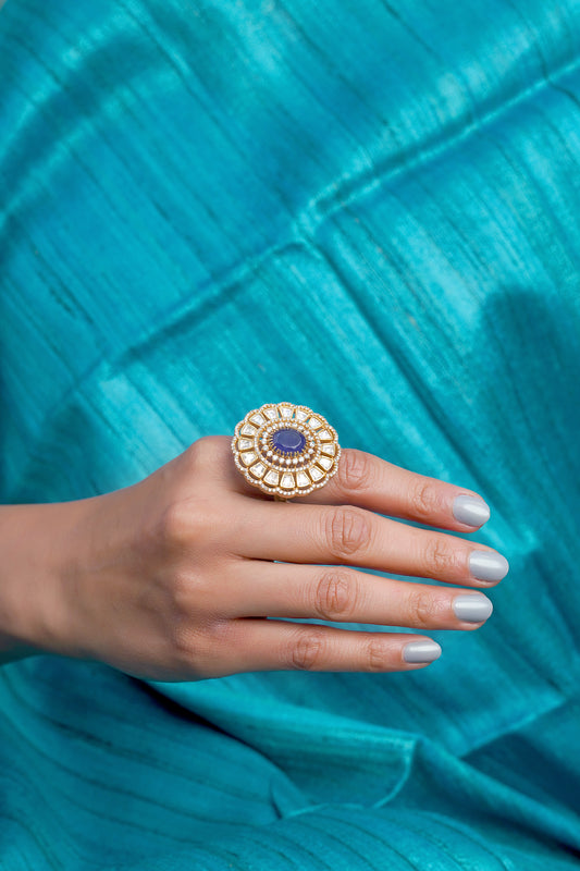 Imperial Sapphire Mandala Ring – Sculptural Polki & Concentric Jadau Cocktail Statement