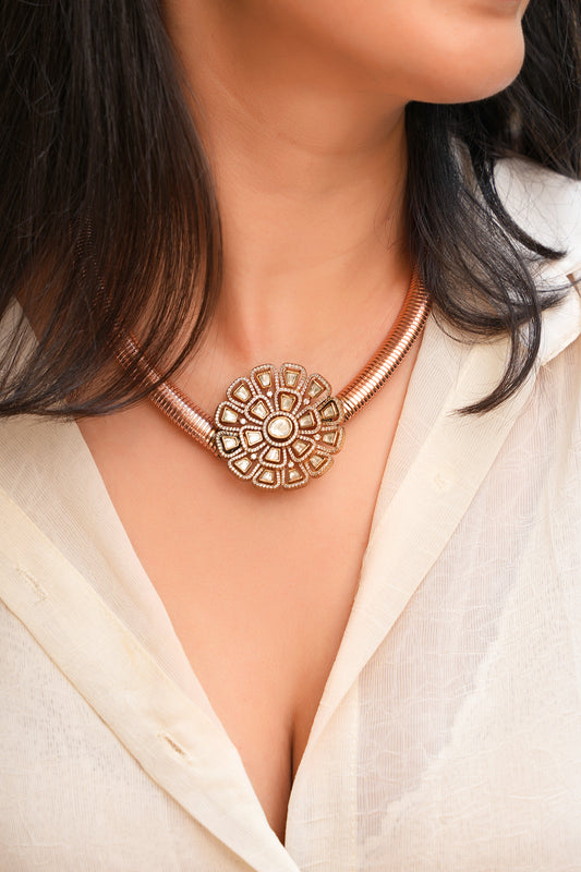 Rose Gold Snake-Chain Hasli Choker with Polki Diamond Sunburst Medallion