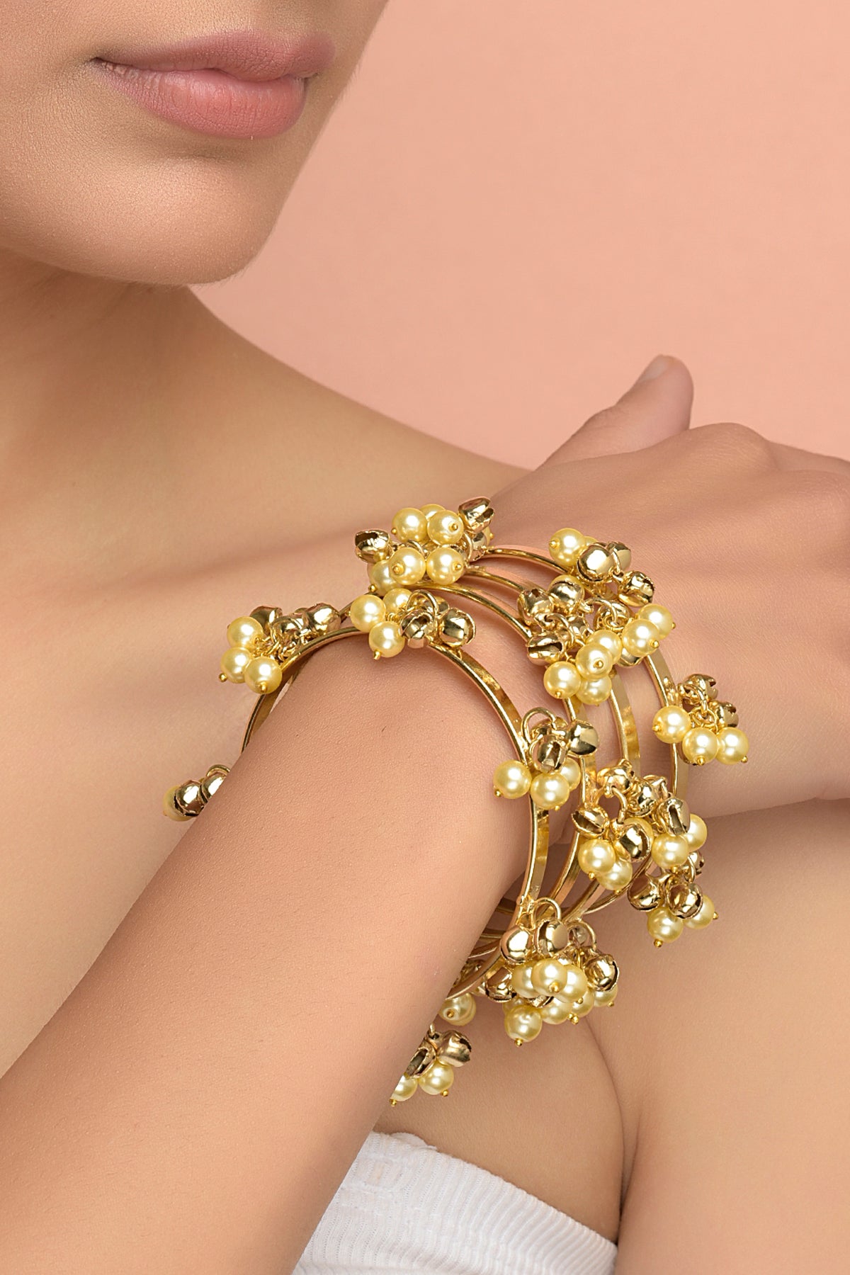 Dhvani Ghughroo Bangle | 22kt Gold-Plated Minimalist Chime Bangle with Pearls (Set of 4)