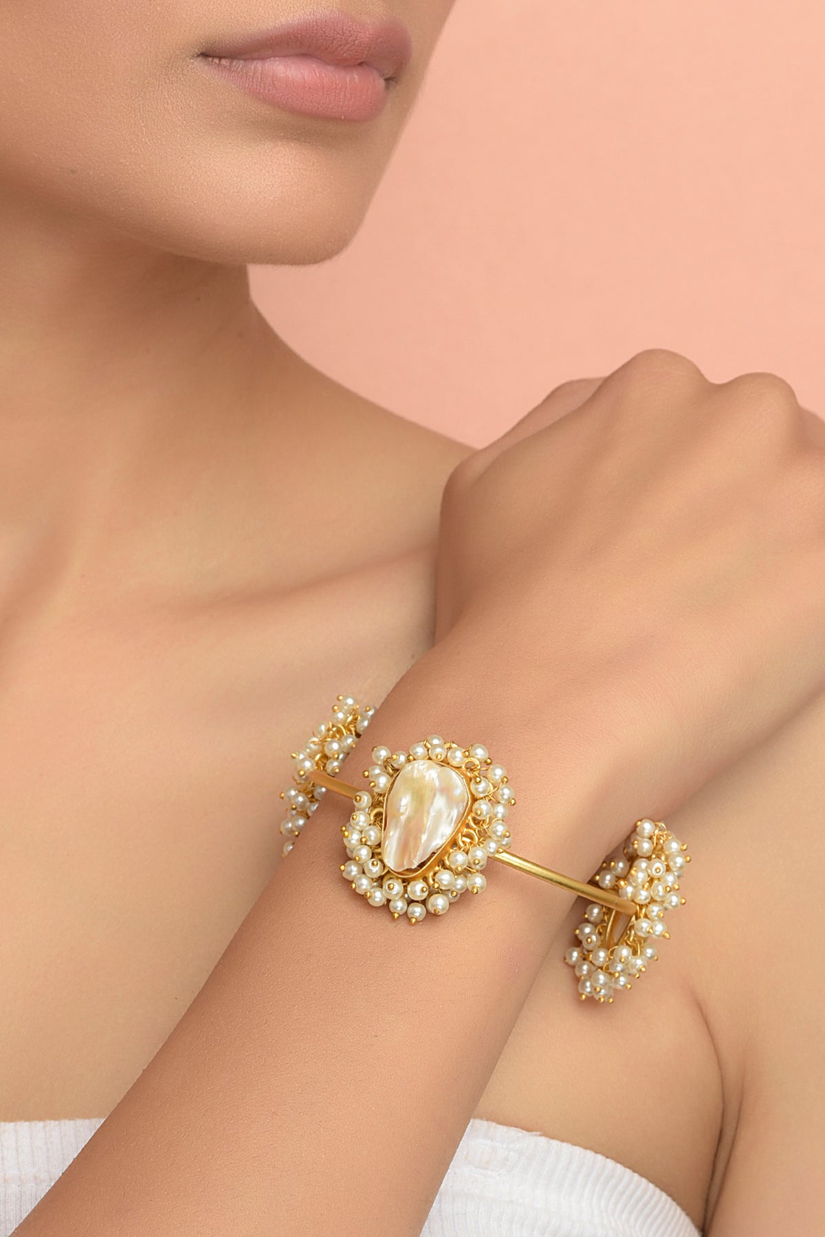 Soma Moon-Glow Bangle | 22kt Gold-Plated Baroque & Mother of Pearl with Seed Pearl Clusters