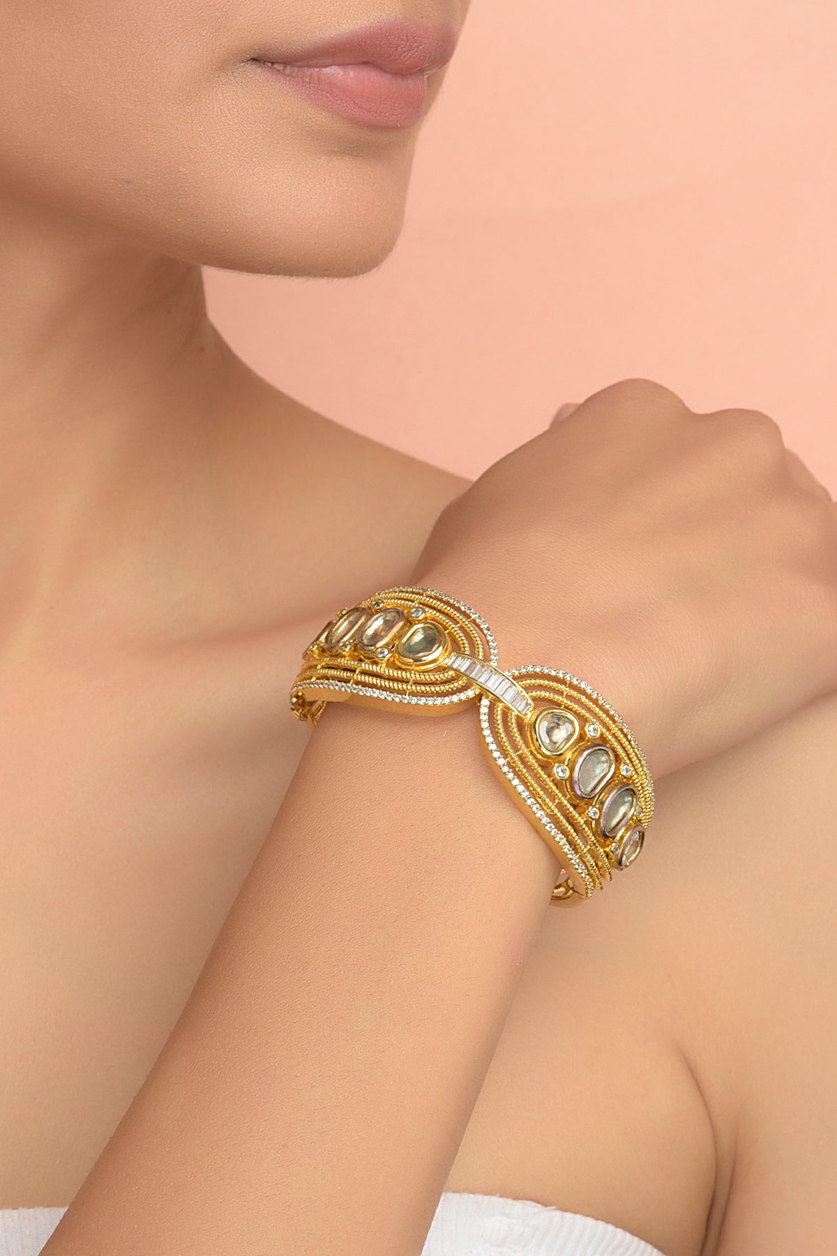 Nura Radiance Cuff | Hand-Carved Polki & Baguette-cut Zirconia Bracelet