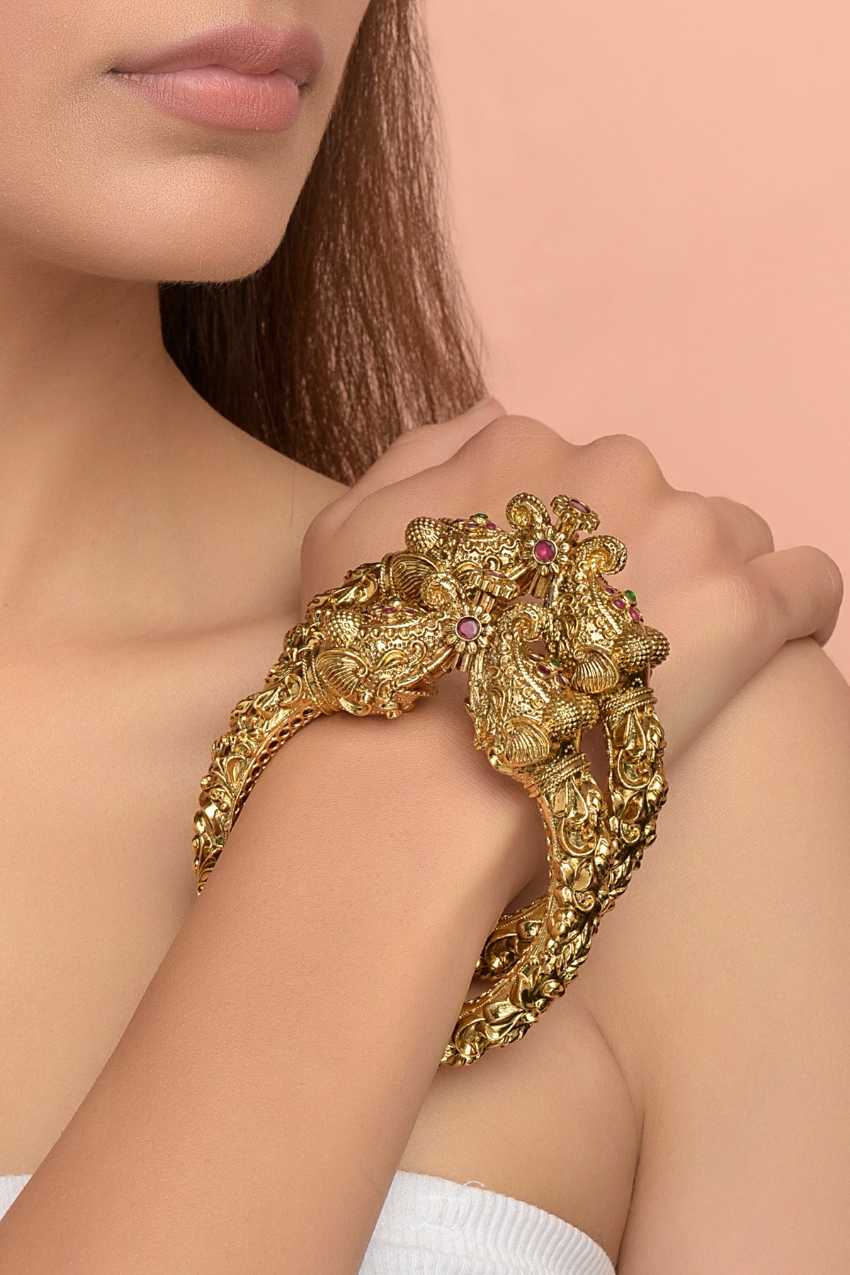 Hasti Heritage Kada | Carved 22kt Gold-Plated Nakashi Bangle with Elephant-Mouth Mohora & Ruby Accents (Set of 2)