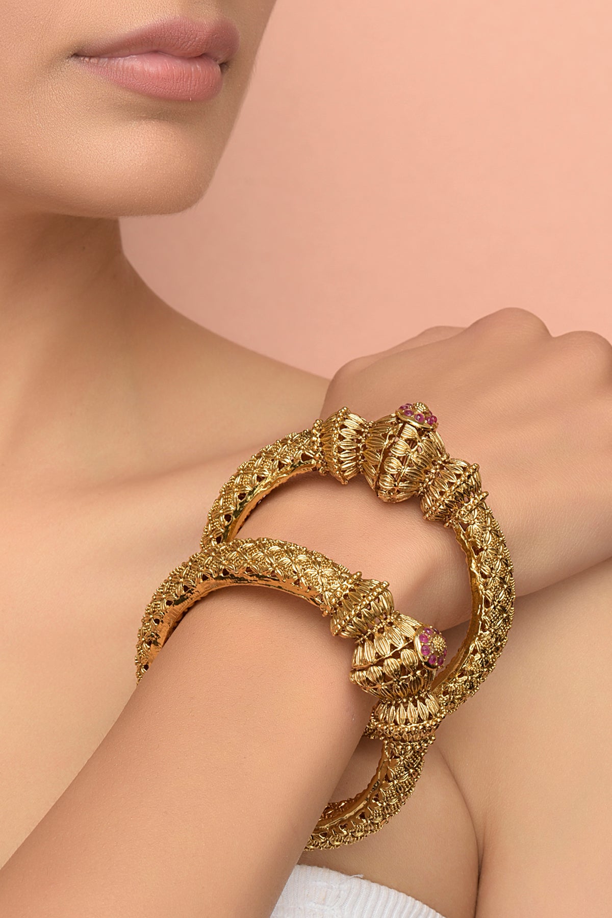 Amara Lattice Kada | 22kt Gold-Plated Filigree Bangle with Floral Finials & Ruby Clusters (Set of 2)