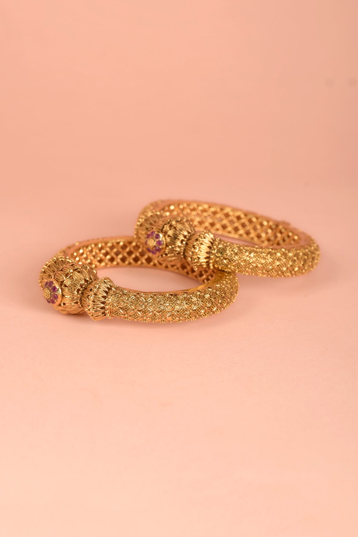 Amara Lattice Kada | 22kt Gold-Plated Filigree Bangle with Floral Finials & Ruby Clusters (Set of 2)