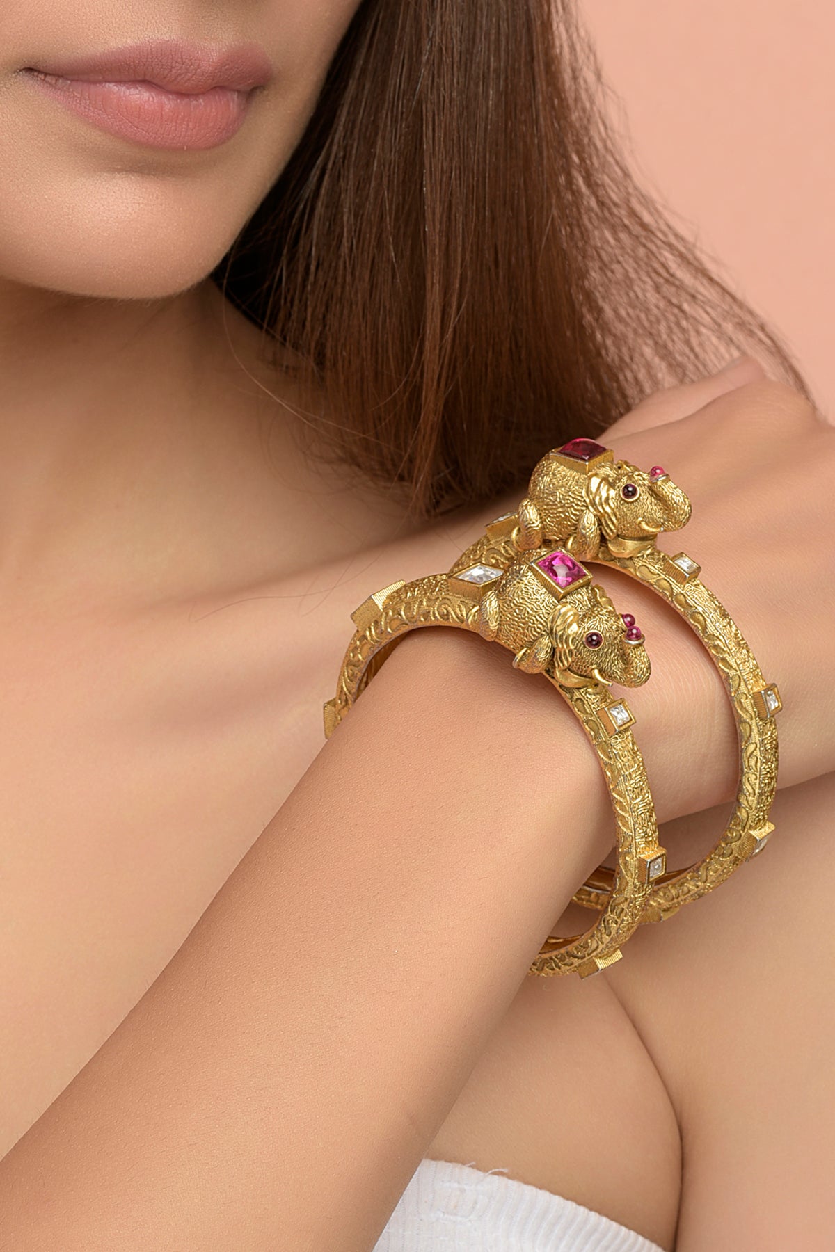 Gaja Heritage Kada | 22kt Gold-Plated Elephant Motif Bangle with Ruby & Polki Inlays (Set of 2)