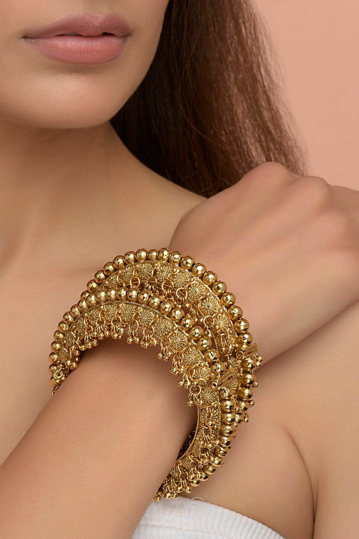 Rani Ghungroo Kada | Gold-Plated Granulated Heritage Bangles with Tiered Ghungroo Clusters (Set of 2)