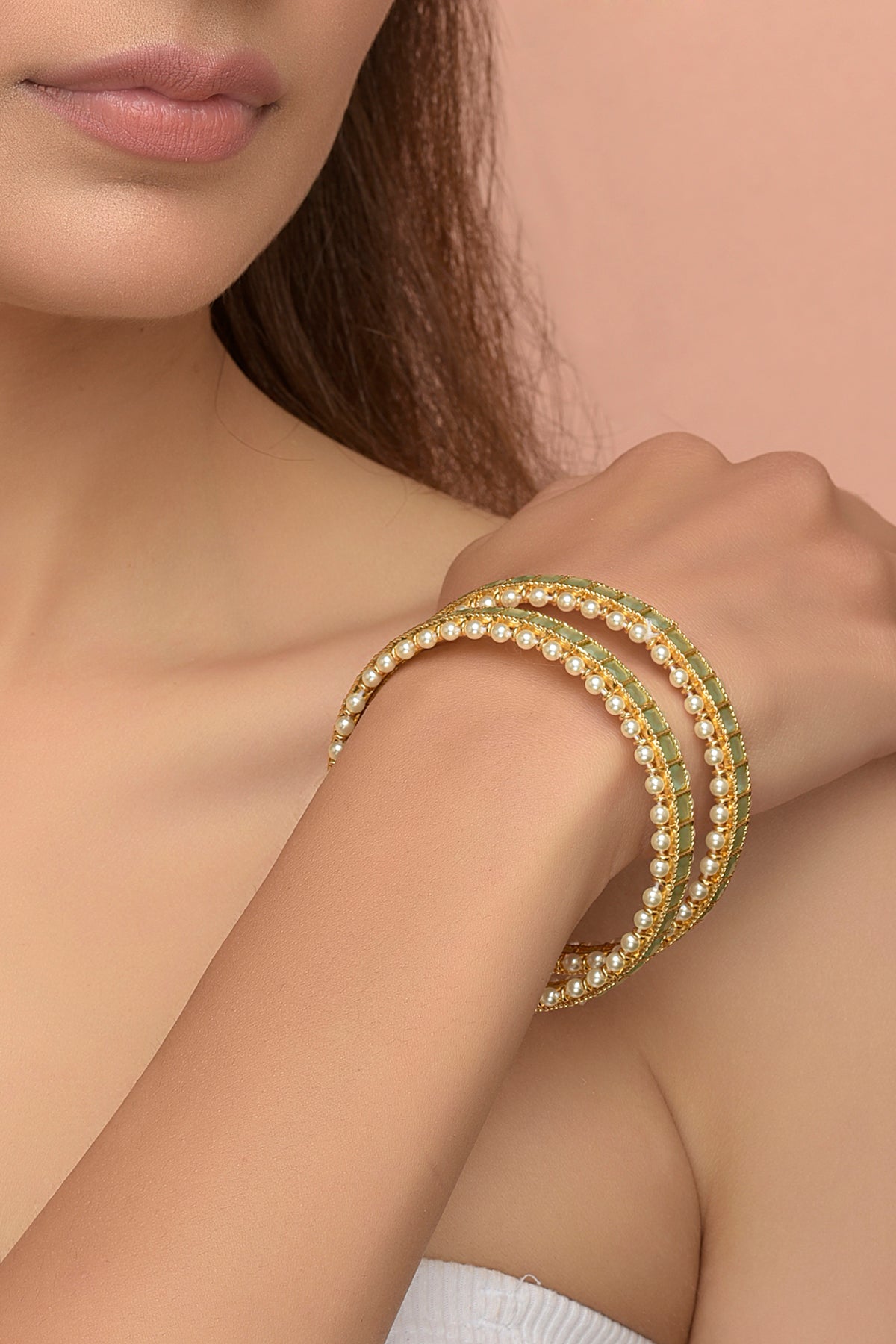 Nandini Sage Bangles | Gold-Plated Emerald-Cut Glass & Pearl Border Churi (Set of 2)