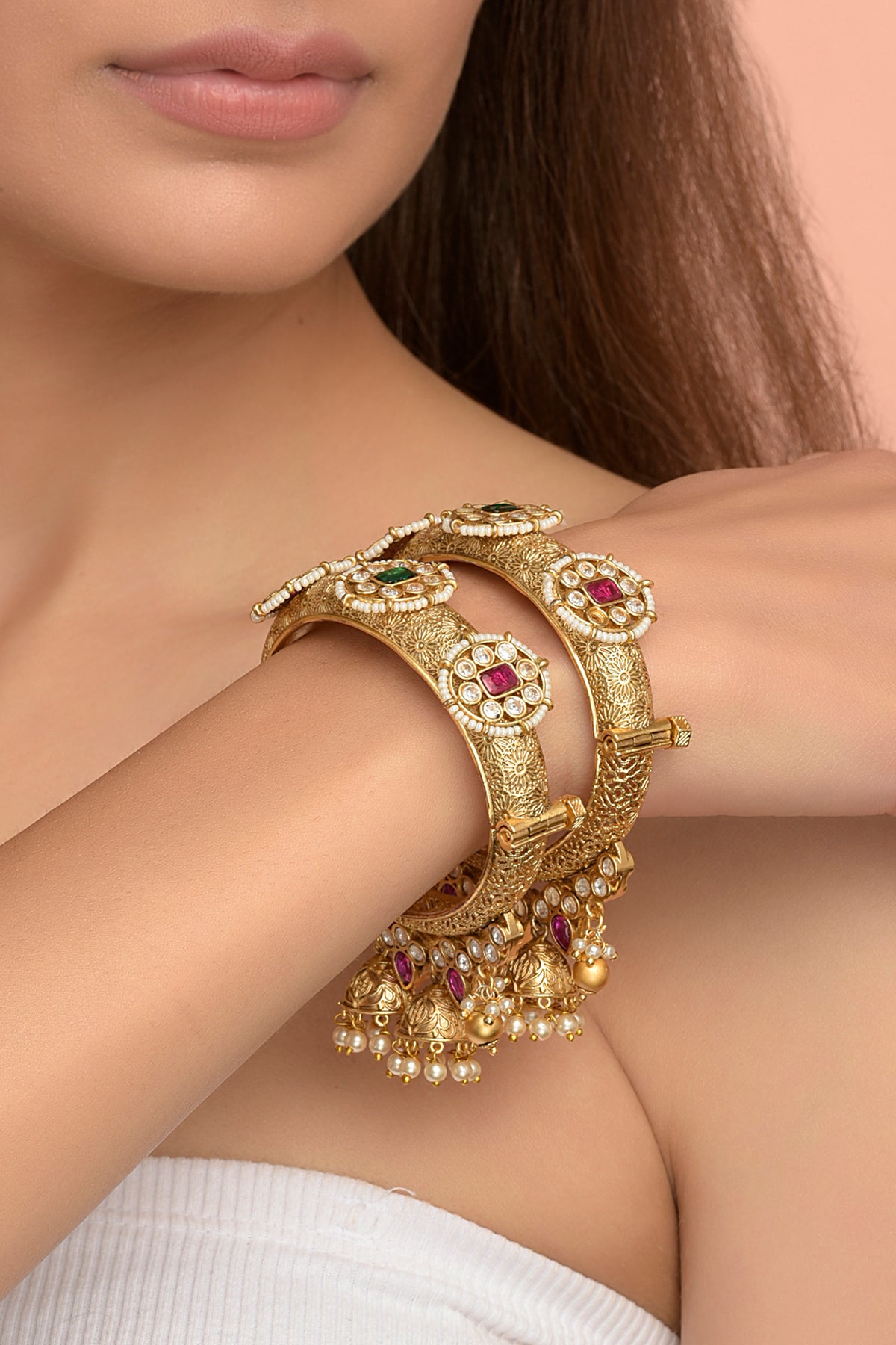 Vanya Jhumkh-Kada | 22kt Gold-Plated Floral Bas-Relief & Pearl-Drop Jhumkhis (Set of 2)