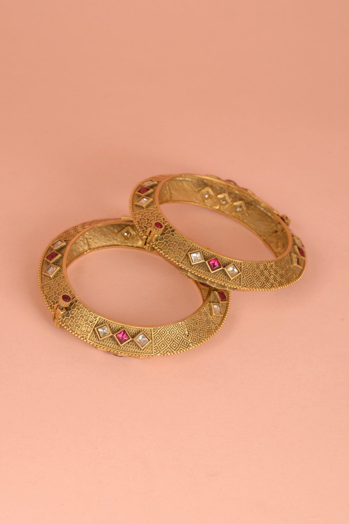 Dhara Geometric Kada | 22kt Antique Matte Gold-Plated Hand-Textured Ruby & Polki Bangles   (Set of 2)