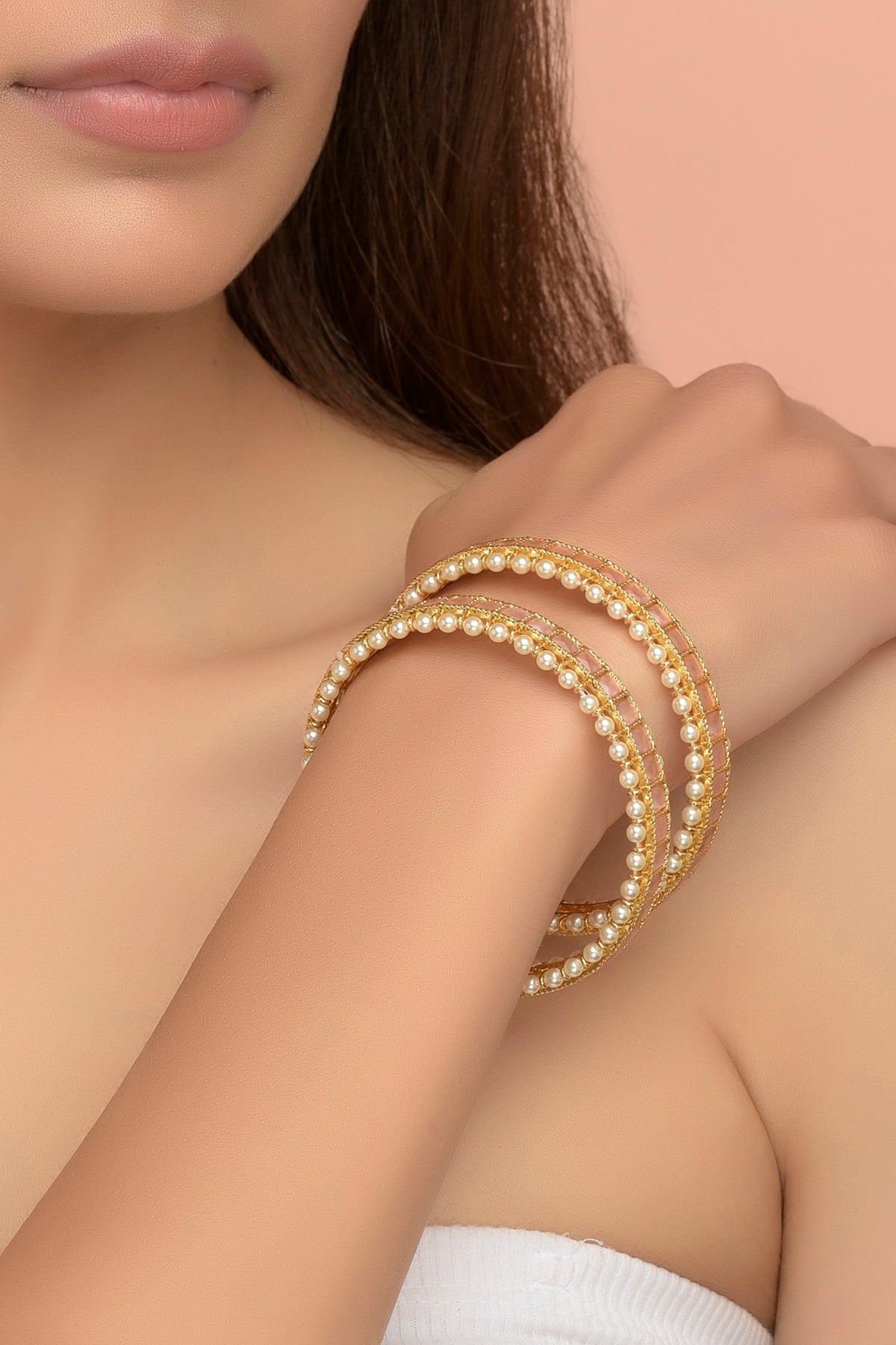 Manjari Jaali Bangle | 22kt Gold-Plated Pink Stone & Seed Pearl Heritage Set (Set of 2)