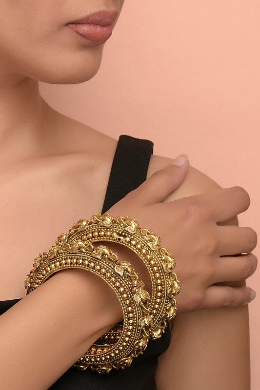 Gaja-Aradhana Temple Heritage Kada | 22kt Gold-Plated Hand-Crafted Elephant Motif Statement Bangle (Set of 2)