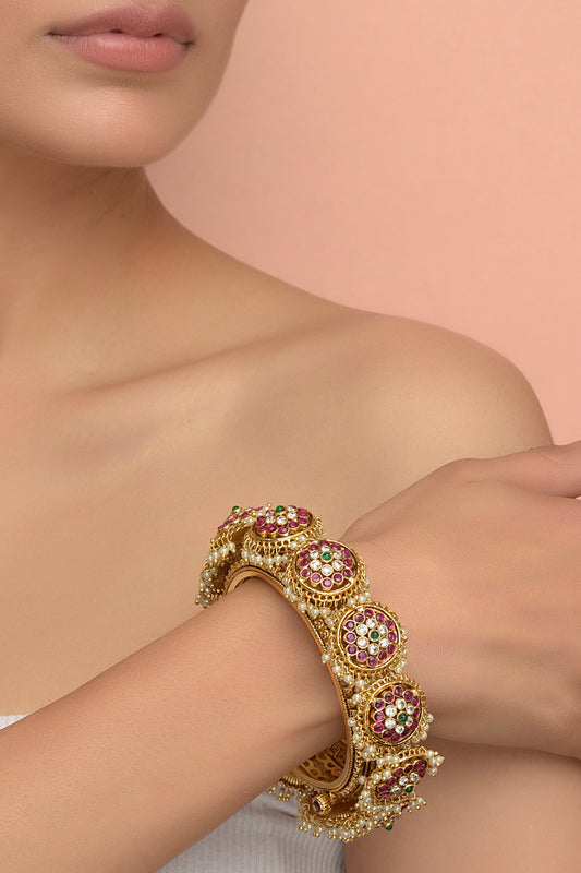 Heritage Kundan Floral Hinged Kada | 22 karat Gold-Plated Ruby & Pearl Indian Wedding Bangle
