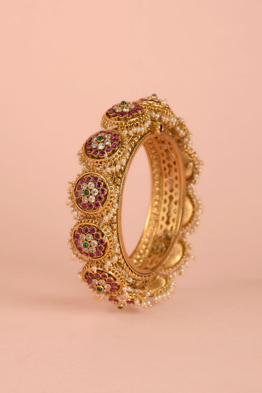 Heritage Kundan Floral Hinged Kada | 22 karat Gold-Plated Ruby & Pearl Indian Wedding Bangle