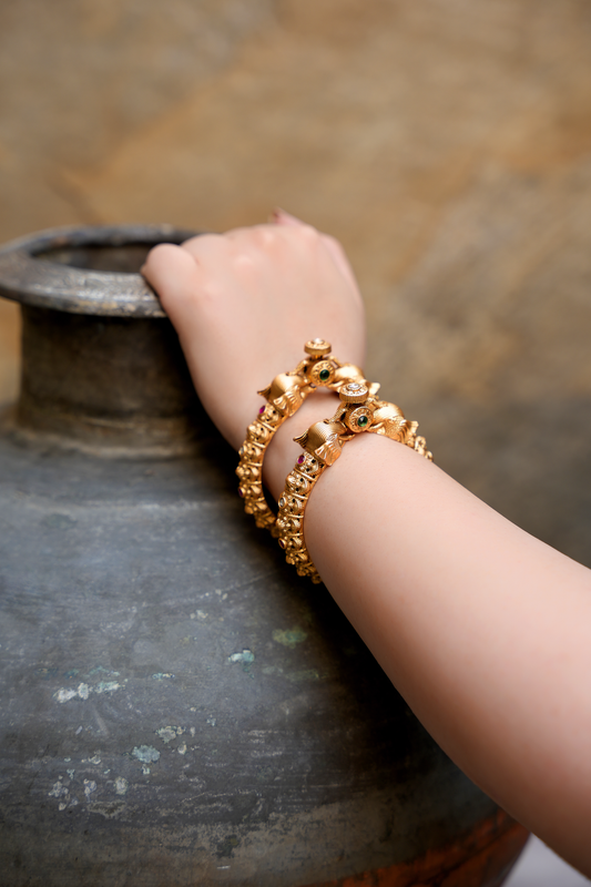 The Gaja Meridian — 22kt Gold-Plated Ribbed Nakashi & Navaratna Temple Kada | Set of 2