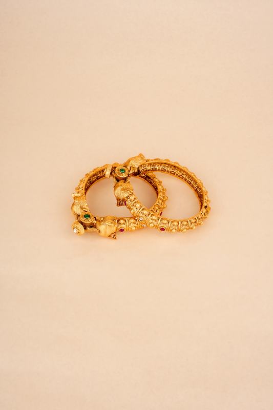 The Gaja Meridian — 22kt Gold-Plated Ribbed Nakashi & Navaratna Temple Kada | Set of 2