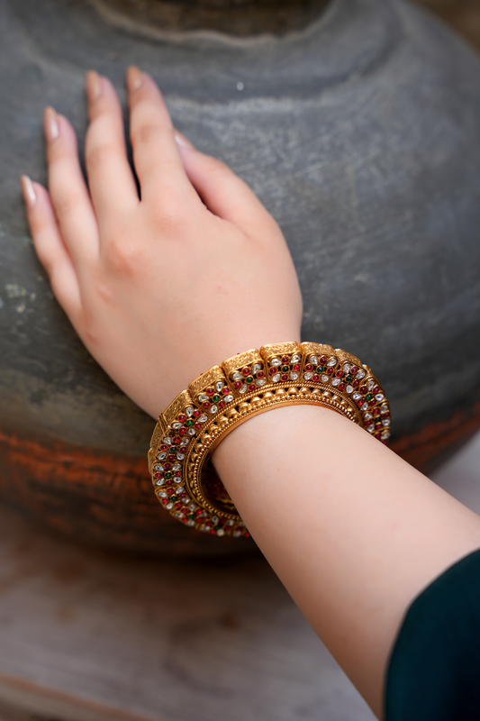 Heirloom Nakashi Mosaic – Ruby & Emerald Polki Navratan Kada