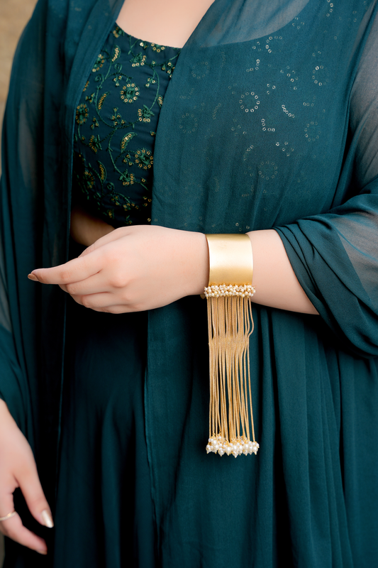 Ancestral Kinetic Cuff – Matte Gold & Seed Pearl Chandelier Statement