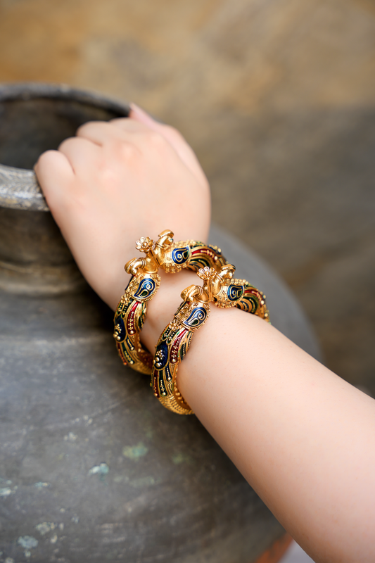 Ancestral Mayura-Meenakari Kada – Vintage Gold & Vibrant Enamel Peacock Bangle | Set of 2