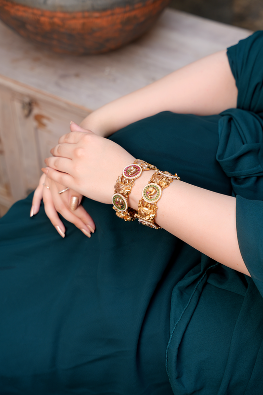 Ancestral Mayura-Gajah Kada – Vintage Gold Nakashi Elephant & Peacock Bangle | Set of 2