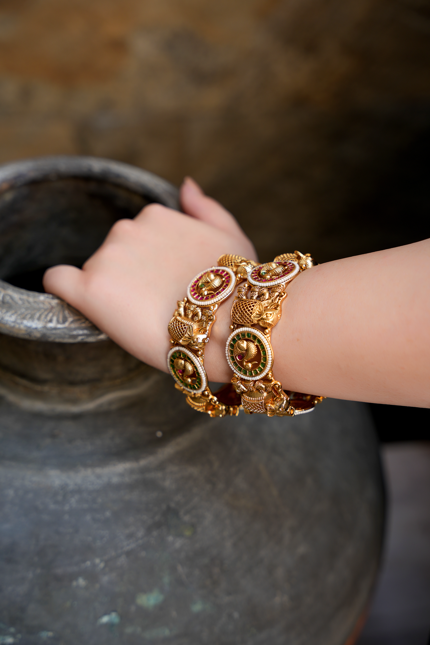 Ancestral Mayura-Gajah Kada – Vintage Gold Nakashi Elephant & Peacock Bangle | Set of 2