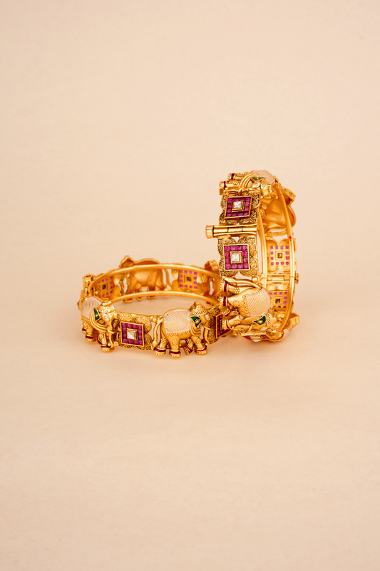 Ancestral Gajah Kada – Vintage Gold & Ruby Nakashi Elephant Bangle | Set of 2