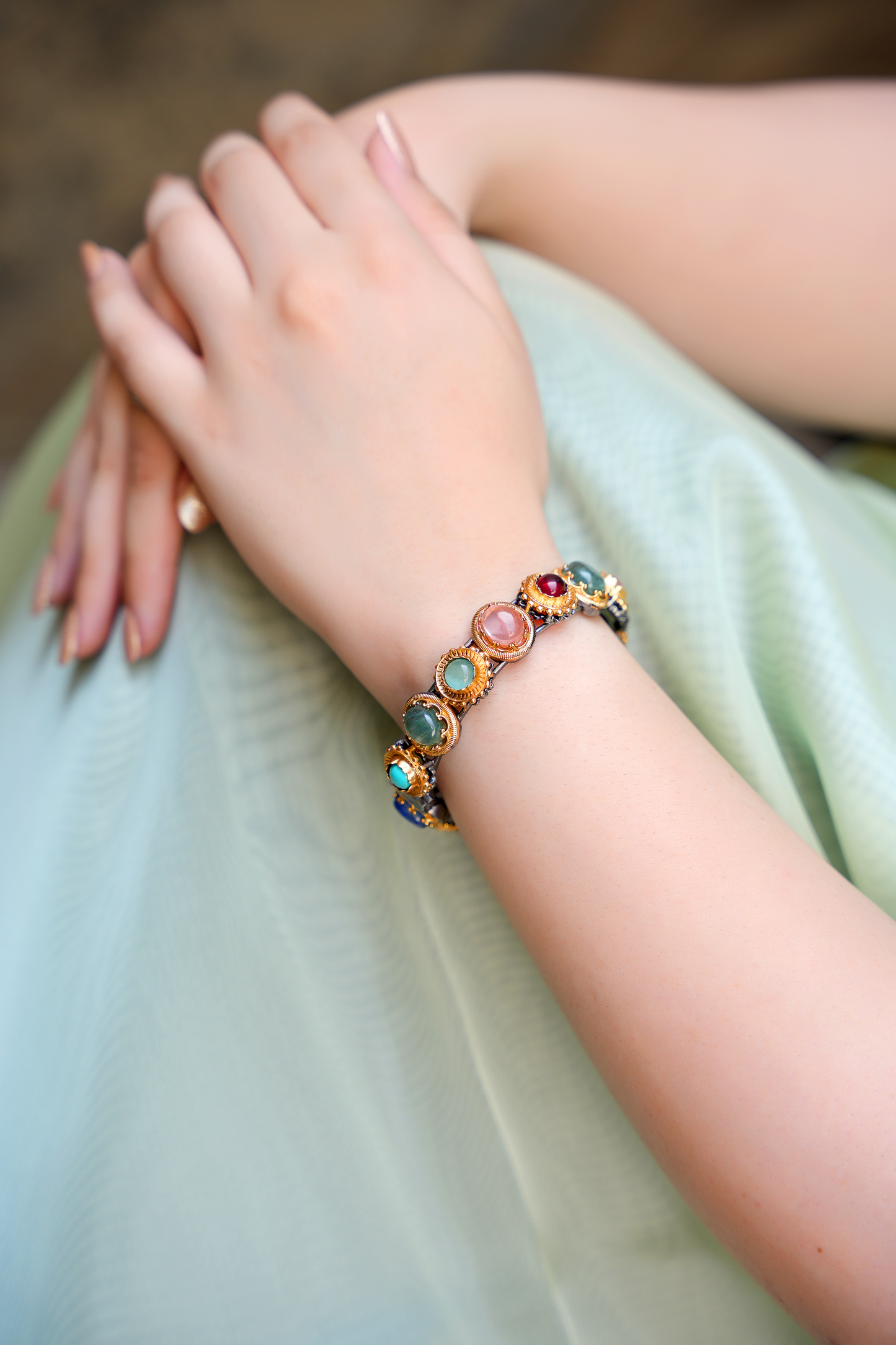 Ancestral Navrattan Kada – Sculptural Gold & Patinated Multi-Stone Cuff