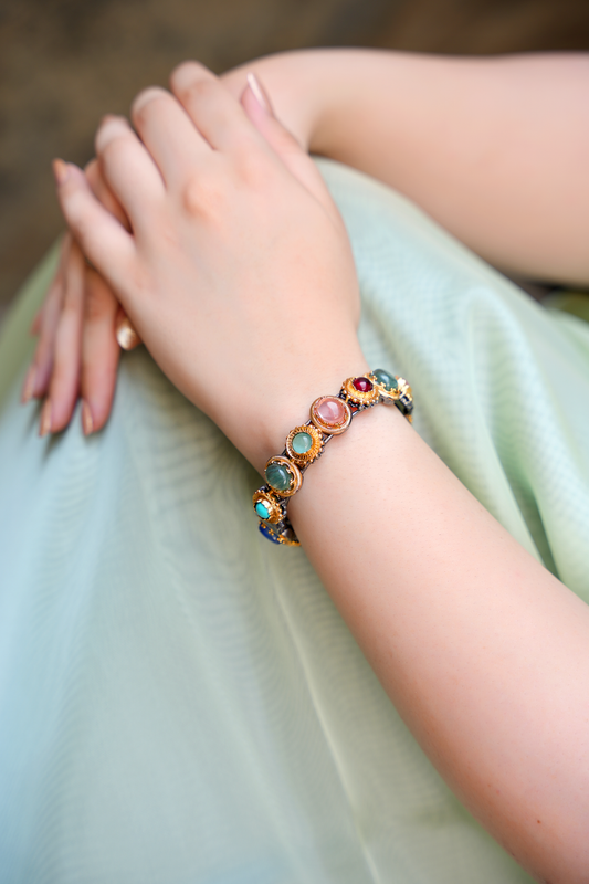 Ancestral Navrattan Kada – Sculptural Gold & Patinated Multi-Stone Cuff