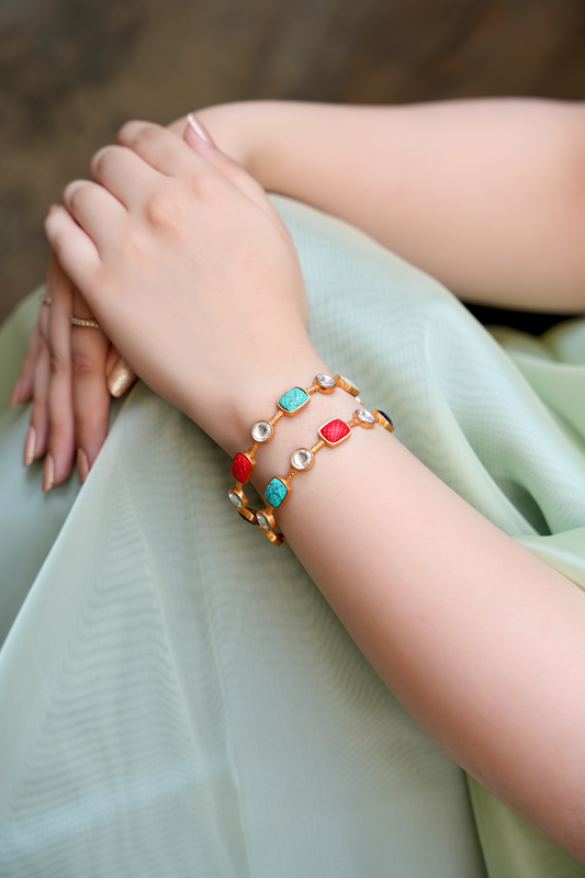 Navrattan Gold Plated Hammered Bangles | Set of 2